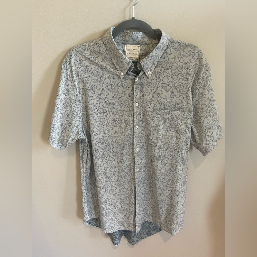 Billy Reid short sleeve button down paisley blue shirt size large